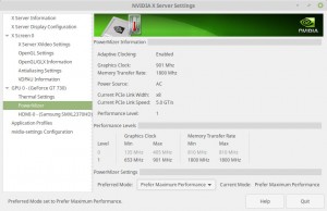 Screenshot of Nvidia X Server settings in maximum performance mode