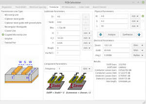 KiCad's PCB calculator screenshot on coupled microstrip line