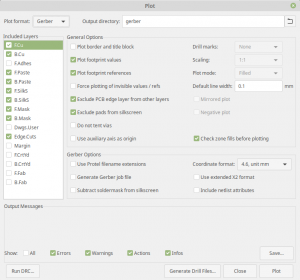 Screenshot of dialog box for producing Gerber Files in KiCad